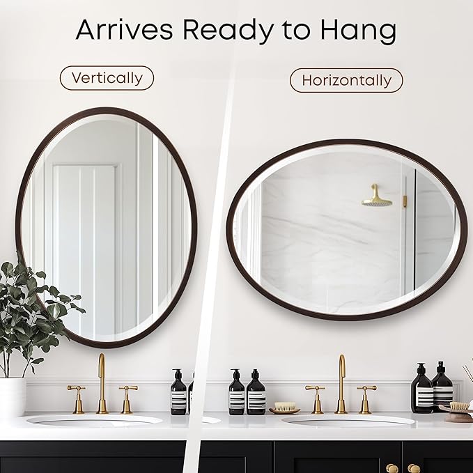 OVALCREST - Oval Wooden Beveled Wall Mirror for Home Decor, Bathroom, Vanity, Bedroom, Living Room, Hallway - London Style (Rubbed Bronze) 13.1 x 17.1
