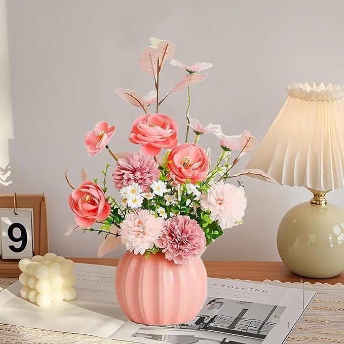 Artificial Flowers, Fake Flowers in Vase, Silk Flowers with Ceramic Vase, Faux Flowers Arrangement for Homes, Restaurants Decoration Dining Table Centerpiece Decor (Pink)