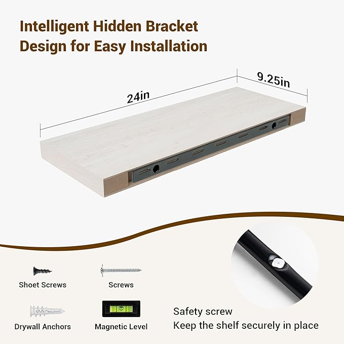 24 Inch Floating Shelves, 24"x9.25"x1.5" Inch Deep Floating Shelves for Wall, Wooden Shelves for Bathroom, Bedroom, Living Room, Cream White Oak, 2 Pieces