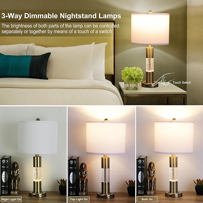 Serteaw Touch Control Table Lamp Set of 2 - Gold Crystal Nightstand Lamps with USB Ports, Stepless Dimming Mode, Stylish Side Lamp for Bedroom and Living Room, Energy-Efficient LED Bulb Included