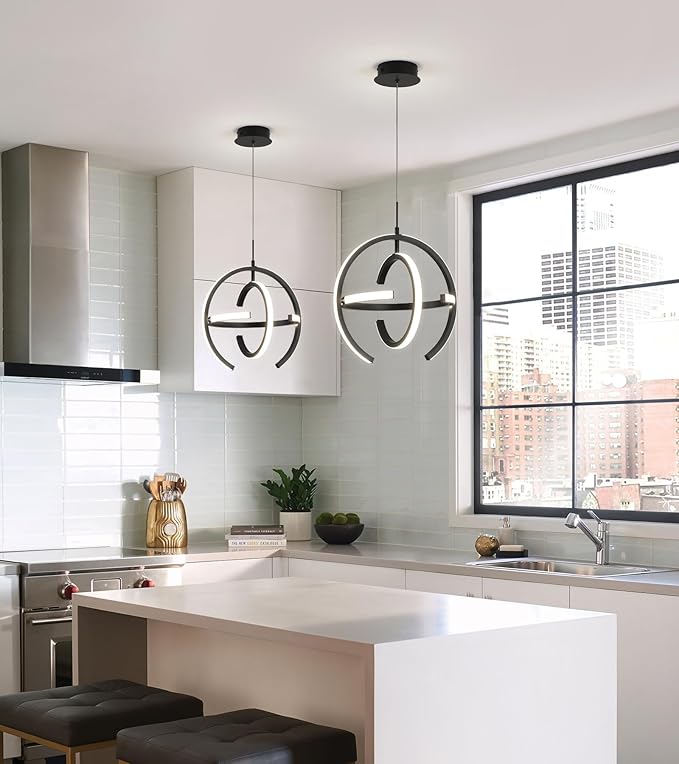 Q&S Modern Led Chandelier,Black Round Globe Hanging Pendant Light for Entryway Kitchen Island Dining Room Living Room Stairway