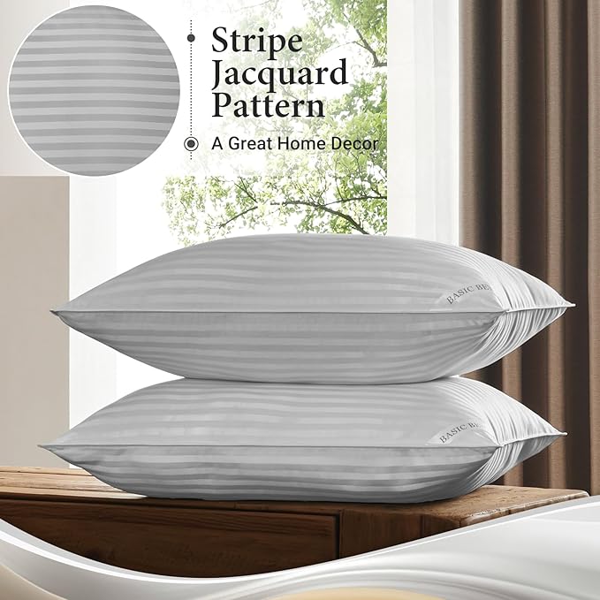 Basic Beyond King Size Pillows - Down Alternative Pillows for Sleeping, Soft King Pillows Set of 2 for Back, Stomach or Side Sleepers, Silver, 20x36 Inches