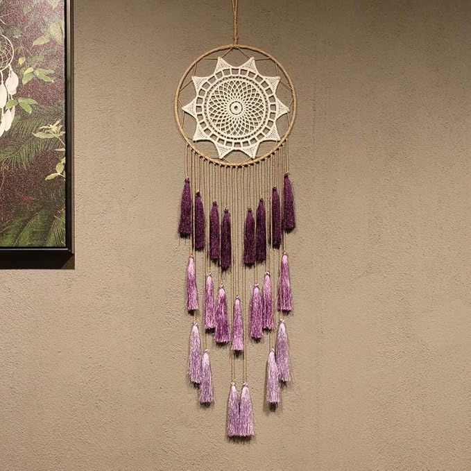 Artilady Macrame Dream Catchers for Bedroom - Tassel Wall Hanging Handmade Dreamcatchers Home Decor with Tassel Feather Ornament Craft Blessing Gift (Purple)