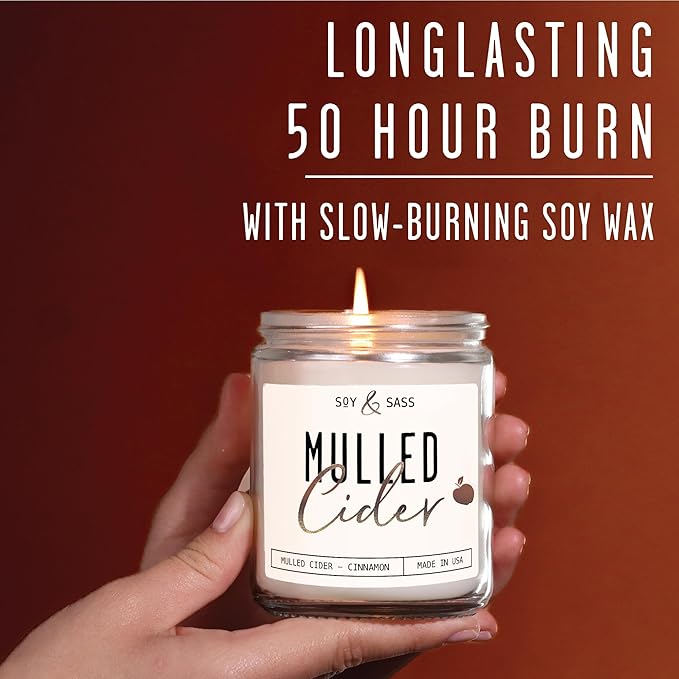 Mulled Cider Candle, Fall Candles I Apple Cider Candle w/Cinnamon & Nutmeg - Infused w/Essential Oils I Mulled Cider Fall Scented Candles (Soy) for Home I 9oz Reusable Jar I 50Hr Burn I Made in USA