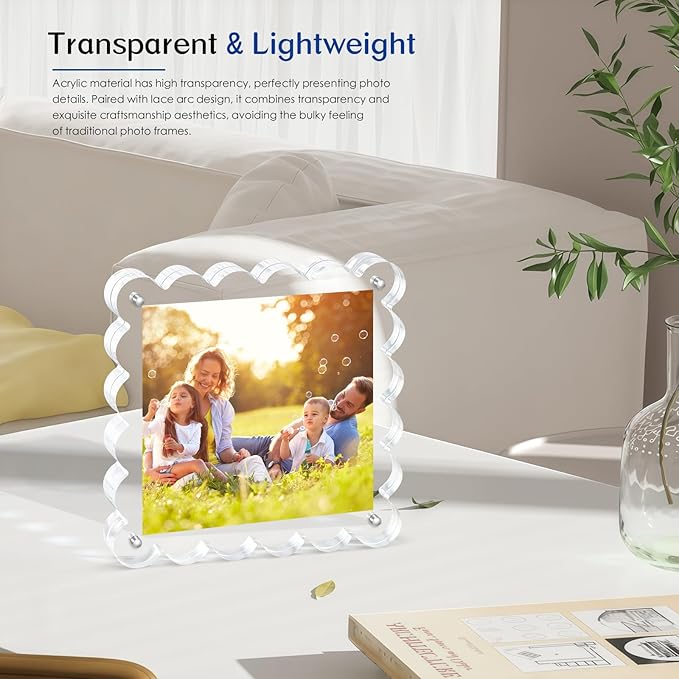 3Pack Clear Magnetic Picture Frames 5×5 Inch - Scalloped Picture Frame with 10+10mm Thick Block, Double-Sided Clear Display | Trendy Home Decor & Modern Gift Idea (3Pack, 5×5)
