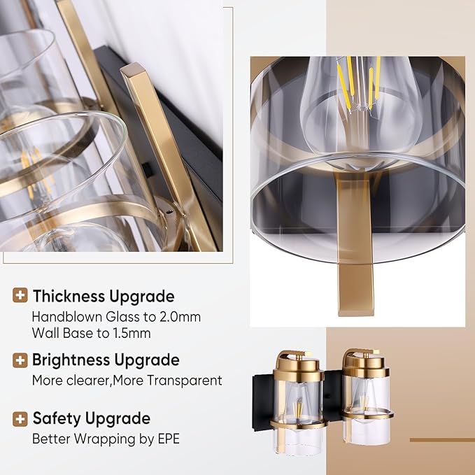 Bathroom Vanity Light Fixtures, Black Gold Vanity Lights for Bathroom 2 Lights,Gold Brushed Wall Sconce(Bulbs not Included)