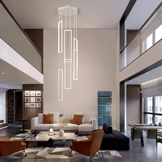 Modern Adjustable Height Pendant Light White 108W LED Pendant Lights 6 Rings Rectangular Chandelier Staircase Large Chandelier Lobby Living Room Kitchen Island Foyer High Ceiling Chandeliers