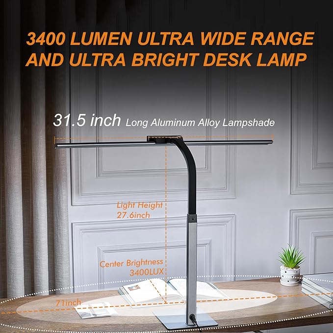 G Keni 3400LM Ultra Bright LED Desk Lamp with Clock for Home Office, 31.5″W x 27″H, 25W Auto-Fill Brightness Desk Light with Timer, Touch Gooseneck Architect Lights for Work Study Read (Base)