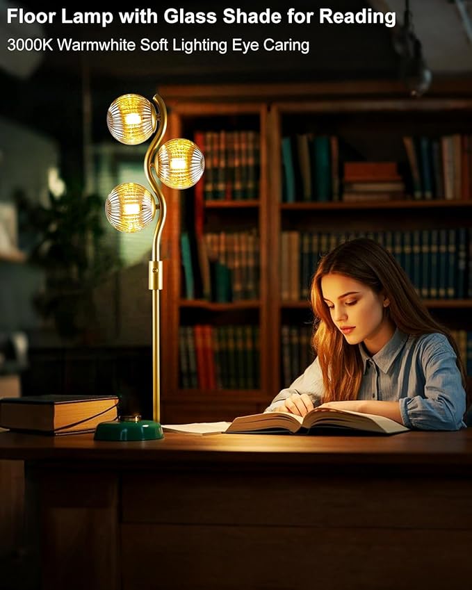 Lightdot 60IN Dimmable Gold Floor Lamp with 3 Glass Globe Mid Century Standing Lamps with 3Pcs 3000K Soft Warm White G9 Bulbs Stepless Brightness Adjustable Modern Tall Lamp for Bedroom Office