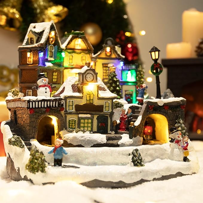 taman Christmas Village Houses - Collectible Buildings with Moving Train, Family & Snowman, Warm Light Musical Ornaments for Christmas Holiday Decorations