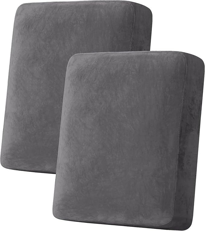 H.VERSAILTEX Velvet Stretch Couch Cushion Cover Plush Cushion Slipcover for Chair Loveseat Sofa Cushion Furniture Protector Seat Cushion Sofa Cover (2 Piece Medium Sofa Cushion Covers, Grey)