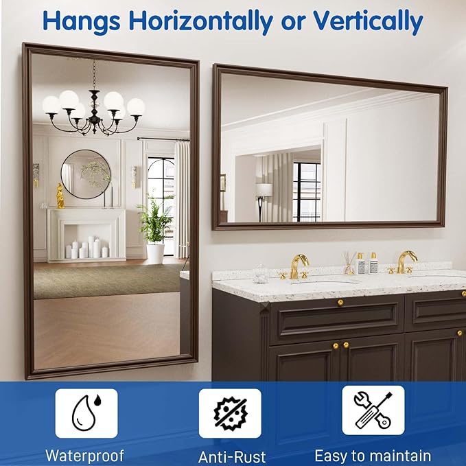 WEER Retro Copper Bathroom Mirror, 55x30 Inch Bronze Oil Rubbed Framed Mirror, Rectangle Classic Vintage Framed Wall Mirror, Farmhouse Vanity Mirror, Tempered Glass, Vertically or Horizontally