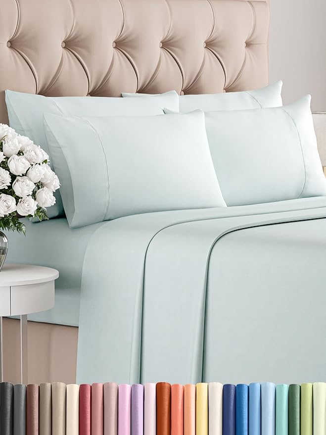 King Sheets Set 6 Piece - Includes 4 Pillowcases - Bed Sheets King Size - Soft Hotel Luxury Bedding - Cooling, Comfy, Cozy & Breathable - 1 Flat & 1 Fitted & 4 Pillowcases w/ Deep Pockets - Ice Blue