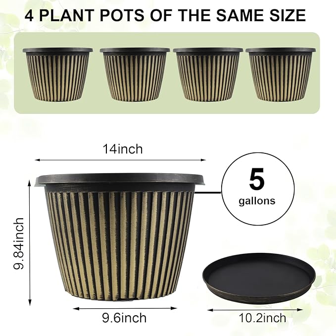 Large-Planter-Indoor-Outdoor Plant Pots, 14 inch 4 Pack Plastic Flower Pots with Saucer And Drainage Holes, Modern Garden Planters For Planting Medium Large Plants， Decorative Resin Garden Pots