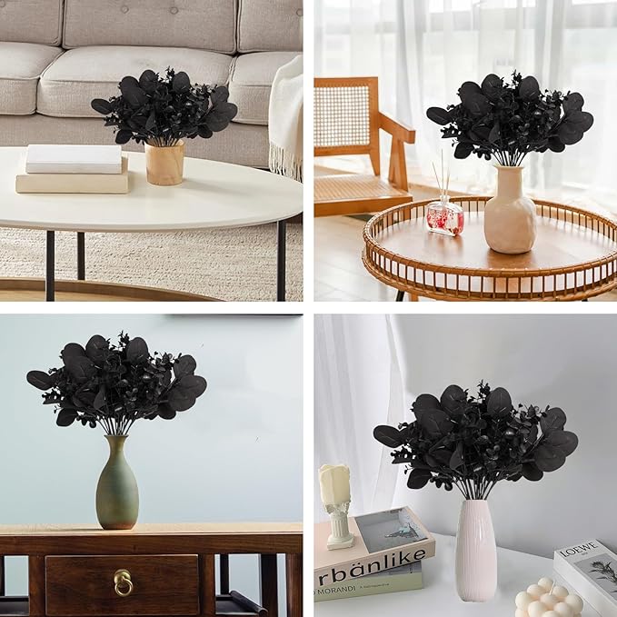 40 Pcs Artificial Black Eucalyptus Stems, Fake Eucalyptus Leaves Branches Bouquet for Flower Arrangement DIY, Black Silk Flowers for Home Halloween Farmhouse Decor