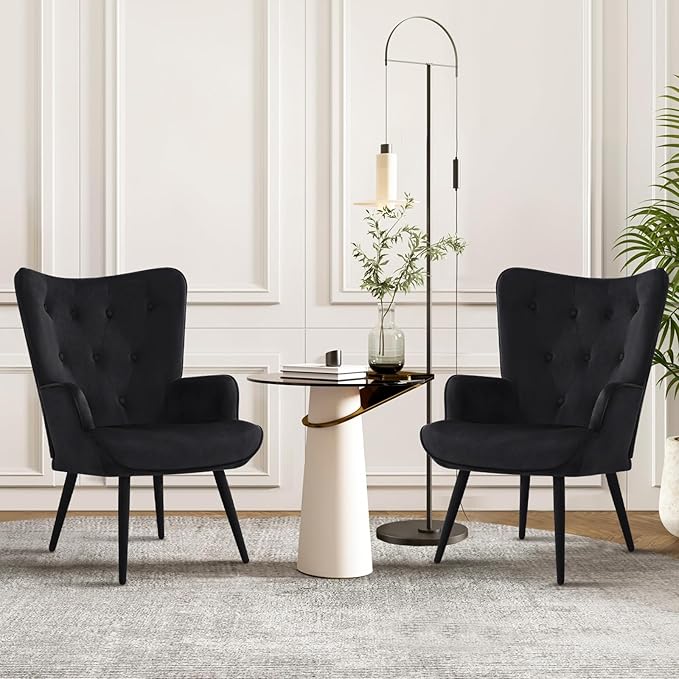Furnimart Accent Chairs Set of 2, Black Velvet Reading Armchairs with High Backrest, Wingback Corner Chairs - Mid Century Modern for Living Room, Bedroom, Waiting Room