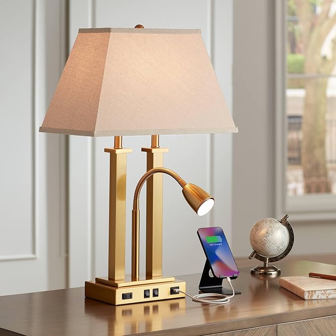 Possini Euro Design Deacon Modern Desk Table Lamp with USB and AC Power Outlet in Base LED Gooseneck 26" High Antique Brass Oatmeal Linen Drum Shade for Living Room Bedroom Bedside Nightstand