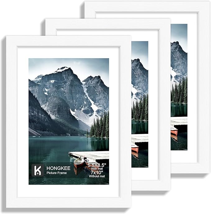 7x10 Frame with Real Glass - Display Pictures 5.5x8.5 with Mat or 7 x 10 without Mat, Photo Frame for Wall or Table Top Display(White, 3 Pack)