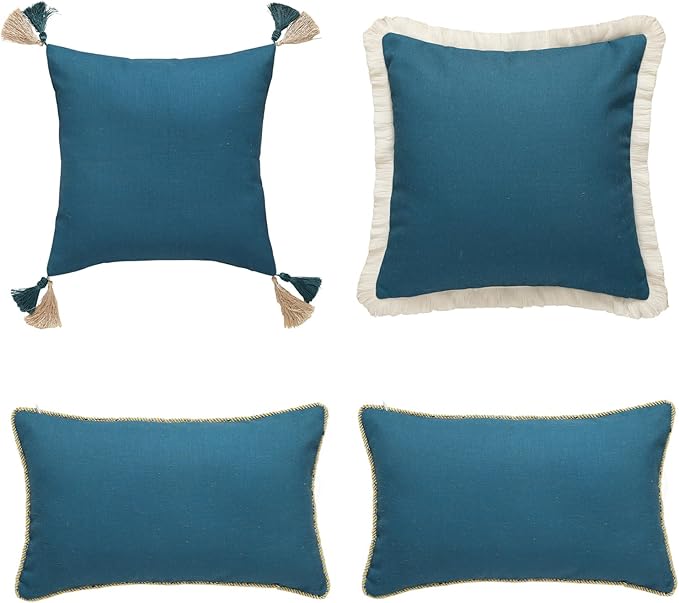 patdrea Designer Throw Pillow Covers Set of 4,French Vintage Blue Linen with Floral Collection Pattern Pillow Cover,Decorative Rectangle and Square Pillowcases Cushion for Bed Living Room Outdoor