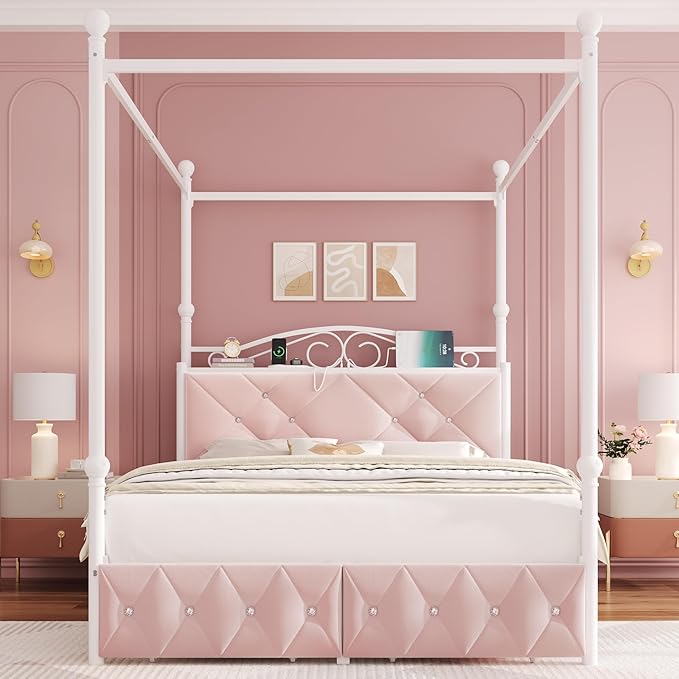 Queen Upholstered Canopy Bed Frame with 2 Drawers & Crystal Tufted Storage Headboard Two-Purpose Metal Platform Bed with 4 Removable Posts & Charging Station Pink Princess Bed, Curtain Not Included