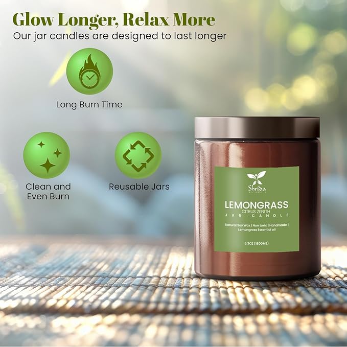 Lemongrass Scented Soy Jar Candle – 6.3oz Natural Soy Wax Candle for Stress Relief – Clean, Long-Lasting Burn – Non-Toxic Aromatherapy Gift for Her – Home Spa & Room Décor