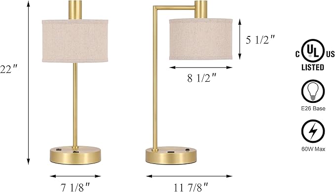 XiNBEi Lighting Table Lamp USB Desk Lamp with Fabric Shade, Modern Bedside Iron Lamp Satin Brass Finish for Bedroom Living Room & Office XB-TL1230-SB