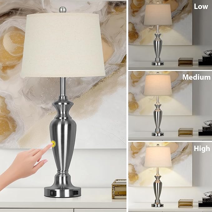 30" Tall Silver Table Lamps Set of 2 for Living Room, 3-Way Dimmable Touch Control Bedside Lamps for Bedroom Nightstand with USB A+C Ports & AC Outlet (2 LED Bulbs Included)