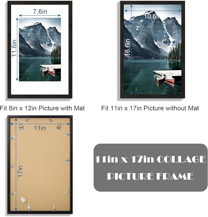 11x17 Picture Frame Set of 3 - Display 8x12 Photo with Mat or 11 x 17 Poster without Mat, Wall Mounting Horizontal and Vertical, Black