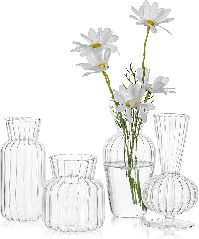 Mini Glass Vases for Centerpieces - Hewory Clear Small Bud Vases in Bulk, Cute Flower Vases Set for Wedding, Home Decoration, Table Decor (Clear, 4)