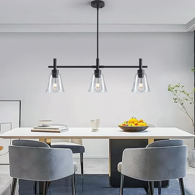 Black Kitchen Island Lighting, 3-Lights Modern Dining Room Light Fixture, Farmhouse Pendant Light Fixtures with Glass Shades, Adjustable Rectangle Linear Chandelier for Living Room