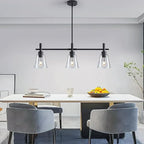 Black Kitchen Island Lighting, 3-Lights Modern Dining Room Light Fixture, Farmhouse Pendant Light Fixtures with Glass Shades, Adjustable Rectangle Linear Chandelier for Living Room
