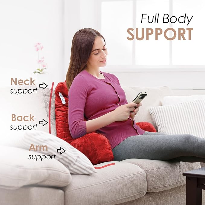 Nestl Reading Pillow Standard Bed Pillow, Back Pillow for Sitting in Bed Shredded Memory Foam Chair Pillow, Reading & Bed Rest Pillows Cherry Red Back Pillow for Bed, Bed Chair Arm Pillow with Pockets