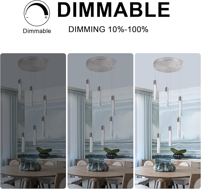 Modern Chandeliers for high Ceilings, Brushed Nickel Foyer Pendant Lighting with Preminum Bubbles, Pendant Lights Kitchen 6-Lights Dimmmable for Foyer Dining Room, Kitchen Island,Bars…