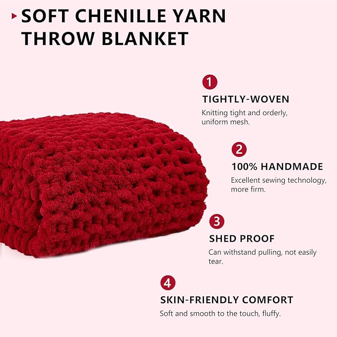 L'AGRATY Chunky Knit Blanket Throw - Soft Chunky Throw Blanket 30x40: 100% Hand Kintted Chenile Crochet Blanket Large Cable Knit Chunky Blanket - Rope Knot Throw Blanket for Couch Home Decor(Red)