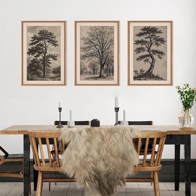 HPINUB Vintage Sketch Tree Framed Canvas Wall Art Set,Modern Nature Botanical Wall Decor, Antique Wilderness Tree Artwork,Minimalist Neutral Art Prints for Living Room,Bedroom,Farmhouse-24 x36 x3