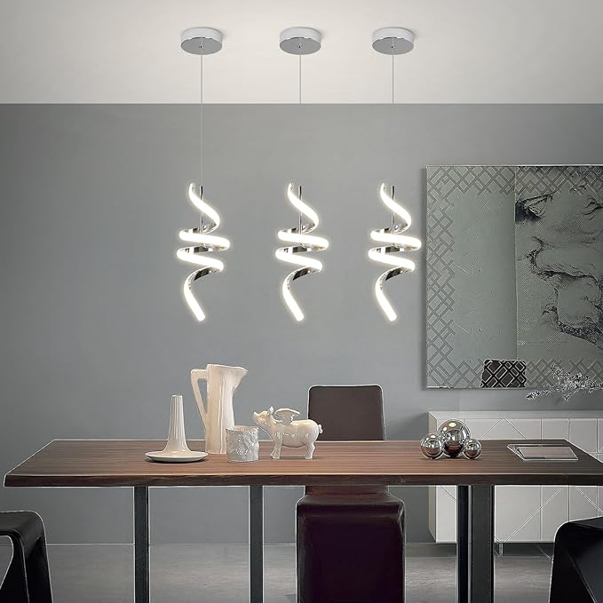 Modern Spiral LED Pendant Lights Kitchen Island, 22W Adjustable Height Hanging Light Fixture 4000K Chrome Chandelier for Dining Room Cafe Table, 1 Pack