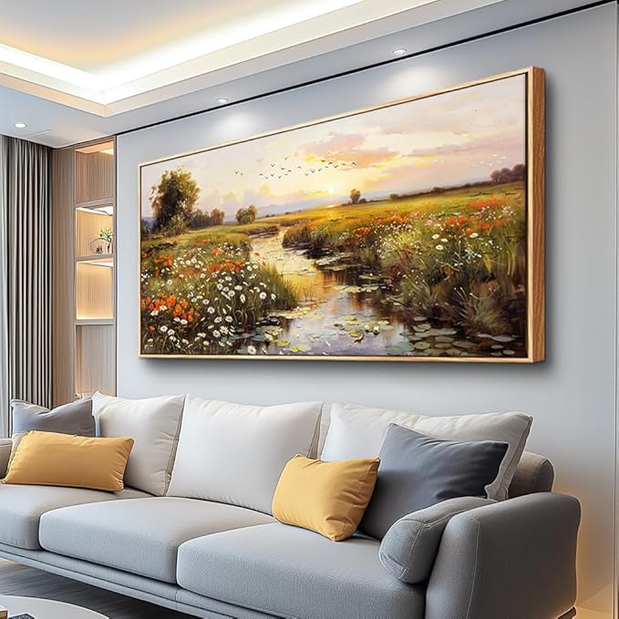 PHAOHUAXM Canvas Wall Art For Living Room Wall Decor For Bedroom Watercolour Painting Office Decoration Countryside Sunrise Scenery Wall Picture Printing Artwork Home Decor Wood Framed 24x48 In