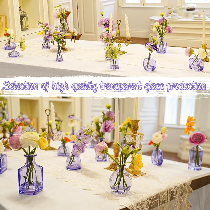 Bud Vases in Bulk 24 | Purple Glass Vase Set – Small Clear Bud Vases for Wedding Centerpieces, Floral Arrangements, Table Decor | Bulk Elegant Mini Vases for Events, Home & Party Decorations