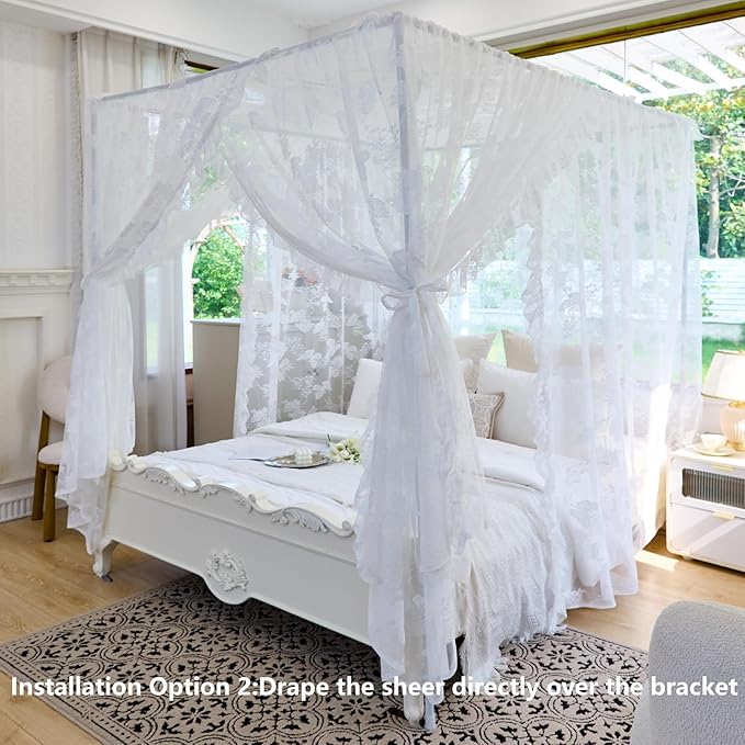 AIKASY Elegant Lace Princess 4-Poster Bed Canopy Mosquito Net - Romantic Wedding Bridal Bedroom Decor, Kids Room Bed Curtain for Women Adults - (White-4,Full)