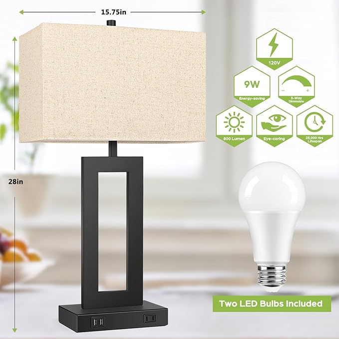 28’’ Tall Lamps for Living Rooms Set of 2, Modern Black Touch Control Table Lamps for Bedroom, 3 Way Dimmable Bedside Lamps with 2 USB Ports&AC Outlet, High-end Decor Lamp for Home Office