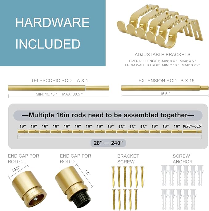 Curtain Rods for Windows 16 to 240 Inches Adjustable Length 1 Inch Diameter Window Curtain Rod with Aluminium Finials, Flash Gold