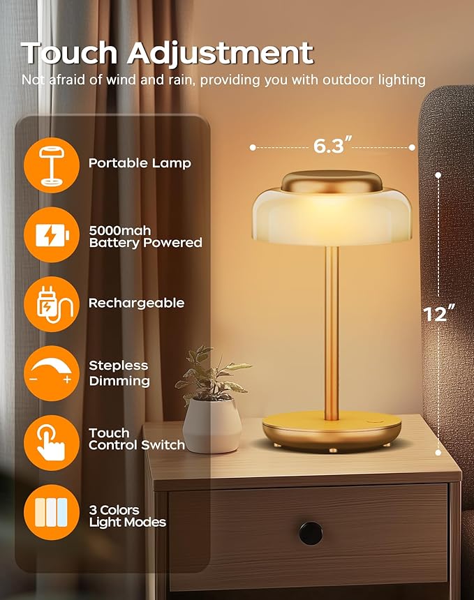 QiMH Battery Operated LED Table Lamp, 5000mAh Rechargeable Cordless Lamp, Stepless Dimmable Touch Control, Small Waterproof Desk Night Light for Living Room, Bedroom, Outdoor Bar (Gold)