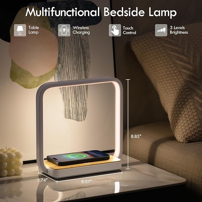 WILIT Bedside Lamp with Qi Wireless Charger, A13 Table lamp 3 Step Dimmable Touch Control Desk Lamp for for Living Room, Bedroom, Kids Room.