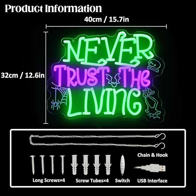 Never Trust The Living Neon Sign Halloween Neon Light Horror Skull LED Sign for Wall Dimmable Spider Web Bat LED Lights Signs for Bar Haunted Mansion Chamber of Secrets Spooky House Decor