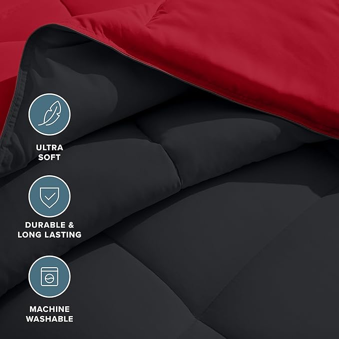 Bare Home Twin/Twin Extra Long Comforter - Reversible Colors - Goose Down Alternative - Ultra-Soft - Premium 1800 Series - All Season Warmth - Bedding Comforter (Twin/Twin XL, Black/Red)