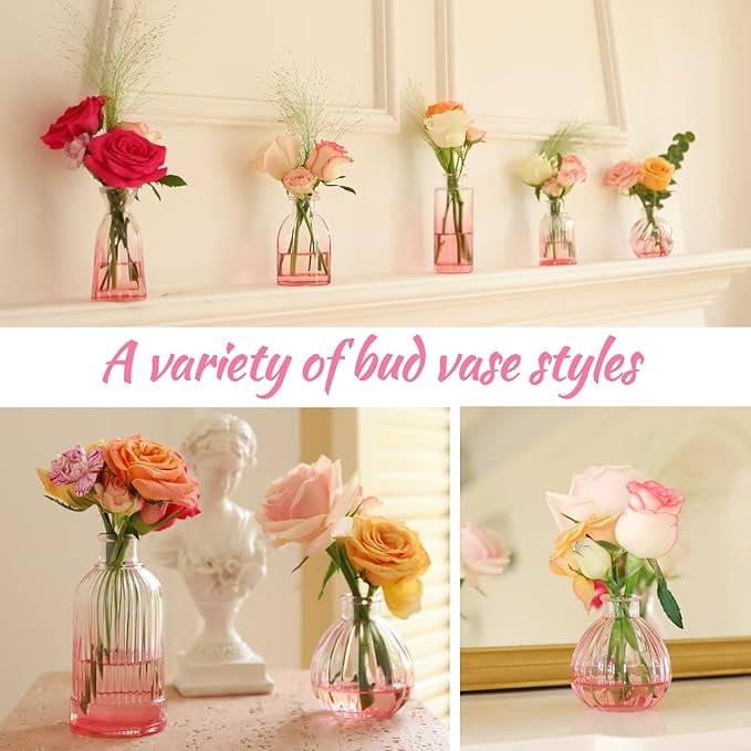 Pink Vase, Glass Bud Vases Set of 12, Small Pink Glass Vases for Flowers Colored Ribbed Flower Vase for Decor Bud Vase in Bulk Vintage Decor Bridal Shower Wedding Centerpieces Home Table Decoration