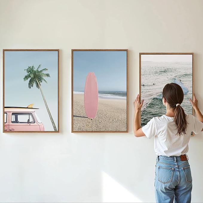 Tinonedraw Large Ocean Beach Framed Canvas Wall Art, Summer Coastal Surfboard Wall Decor, Palm Tree Pink Car Artwork, Modern Surfing Seascape Art Prints for Living Room Bedroom Office 16"x24"x3