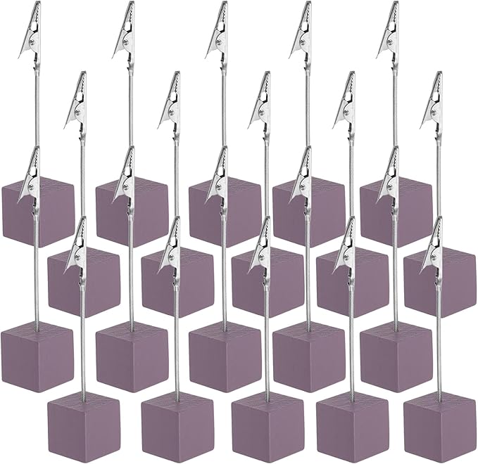 PATIKIL Place Card Holder, 20Pcs Memo Clip Holder Stand with Alligator Clasp Table Number Holders Wooden Base for Pictures Note Card Paper, Dark Purple