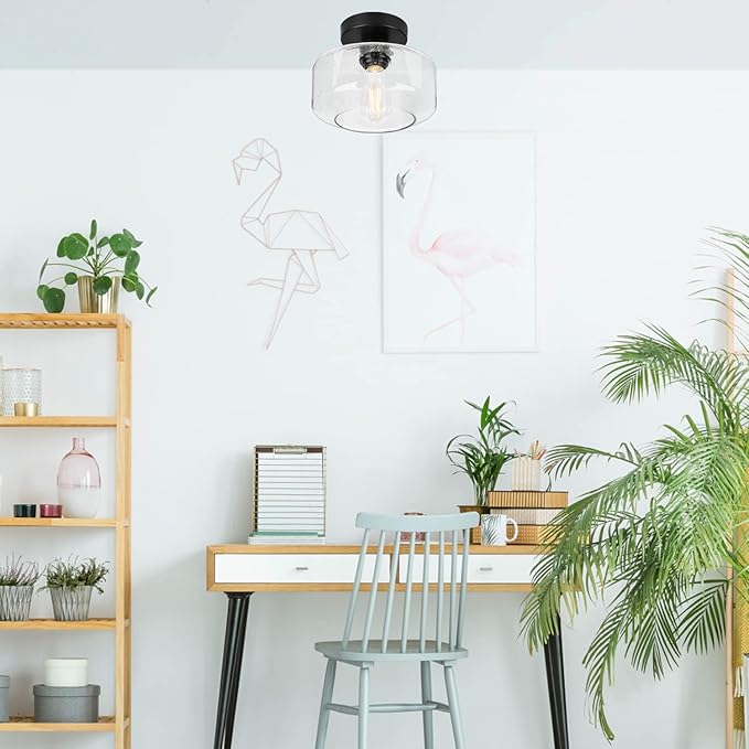 Industrial Semi Flush Mount Ceiling Light, 800 Lumen LED Bulb Included, Seeded Glass Shade Farmhouse Light Fixture for Hallway Corridor Kitchen Bathroom Bedroom Passway