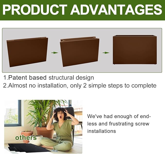 Galvanized Steel Planter Box-No Installation Required Metal Rectangular Block Long Box Planter Modern Outdoor Planters All-Weather Use with Drainage Holes for Patio/Porch, 36×24×12IN（Brown）